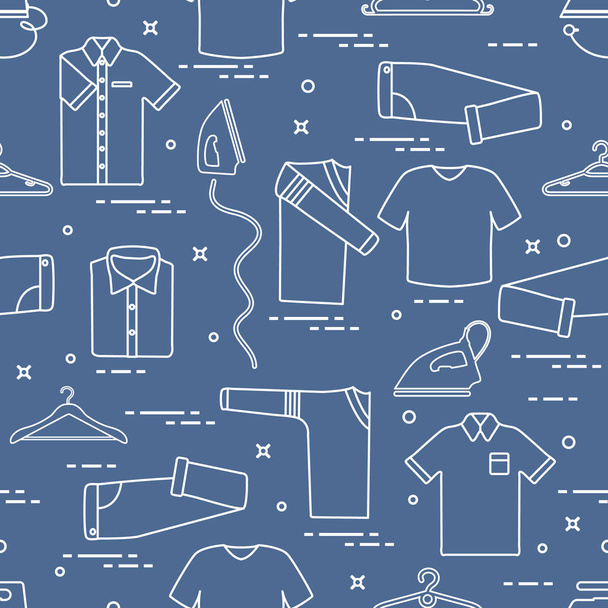 Pattern with irons, hangers and different clothes. - Vetor, Imagem