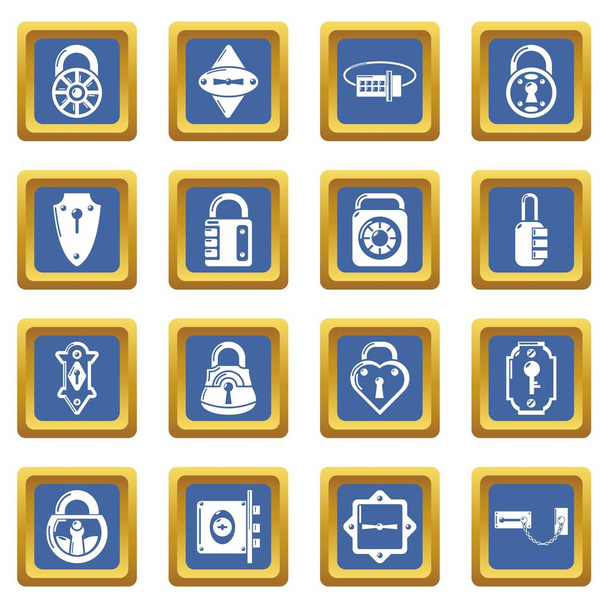 Lock door types icons set blue square vector - Vector, Image