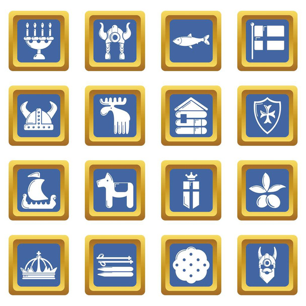 Sweden travel icons set blue square vector - Vecteur, image