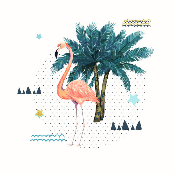 Flamingo soyut geometrik poster. Yaz tropikal tasarım. - Vektör, Görsel