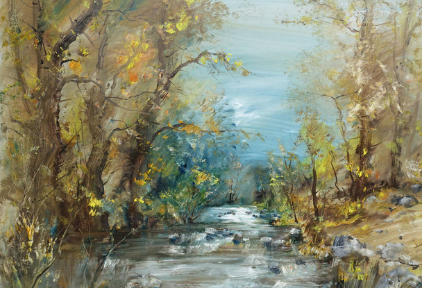 Stony river and trees, oil painting - Photo, Image