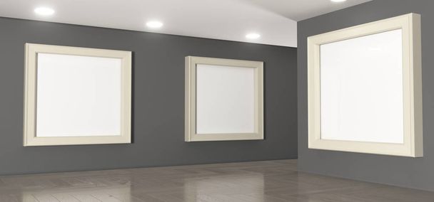 Комната реалистичной галереи с большими пустыми рамками для фотографий
 - Фото, изображение