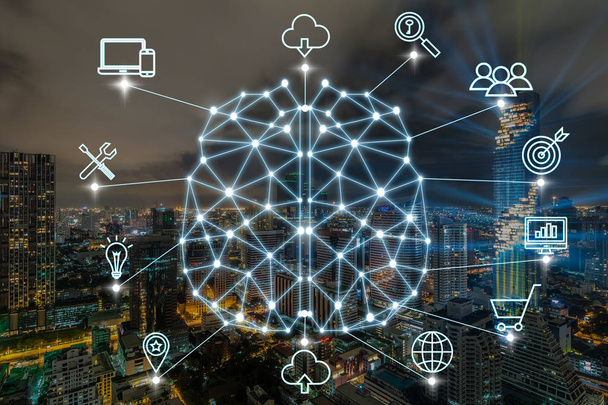 Polygonal brain shape of an artificial intelligence with various icon of smart city Internet of Things Technology over the cityscape background, AI and business IOT concept - Photo, Image