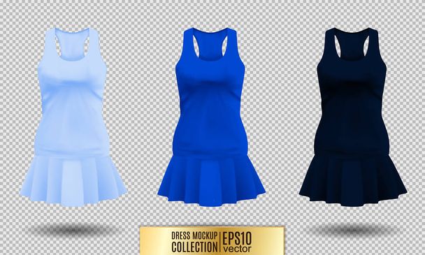 Realistic detailed 3d women dress mock up. Light, normal and dark blue set isolated on Background sport summer clothing. Vector illustration - Vector, Image