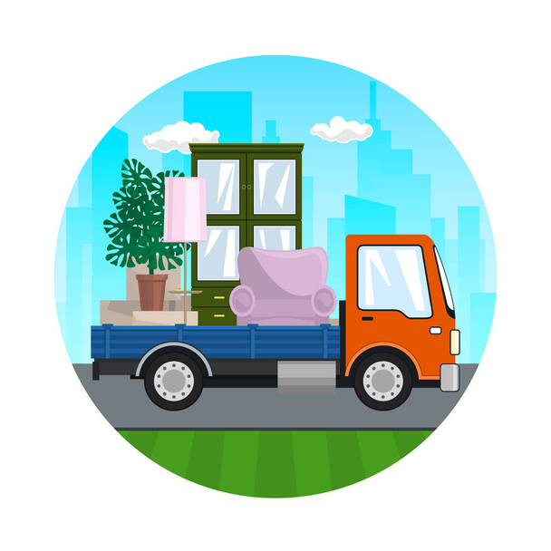 Pictogram van vrachtwagen met meubilair op de weg - Vector, afbeelding