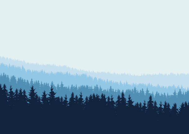 青い空 - あなたのテキストのためのスペースを持つベクトルの下でいくつかの層の木のシルエットを持つ現実的な針葉樹林 - ベクター画像