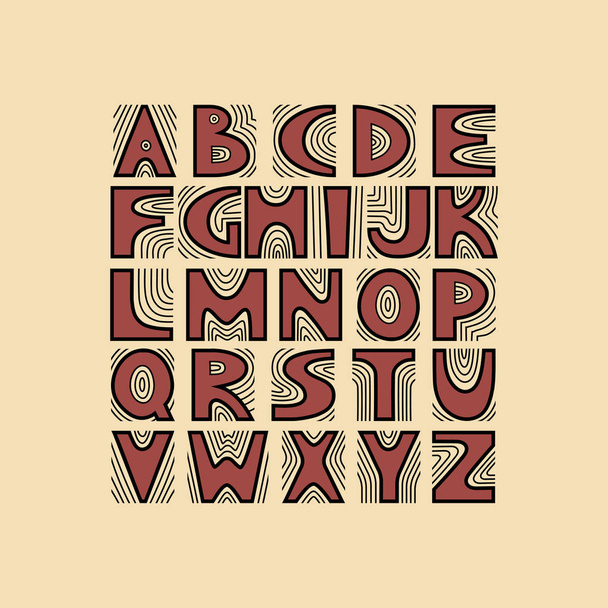 Vector escrito a mano en mayúsculas alfabeto artístico con líneas concéntricas. Tema de la estructura del árbol, anillos anuales
. - Vector, imagen