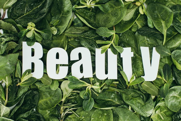 vista superior de hojas verdes frescas con gotas de rocío y belleza de la inscripción
  - Foto, Imagen