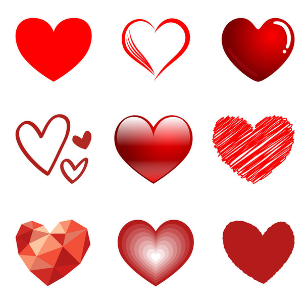9 Hearts Style Vector Set iSolated on White Background. Line, Shape, etc. - Вектор, зображення