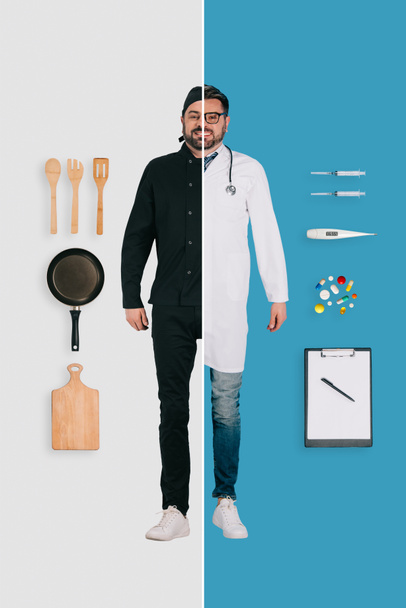 jonge man in twee beroepen van chef-kok en arts op verschillende achtergronden  - Foto, afbeelding