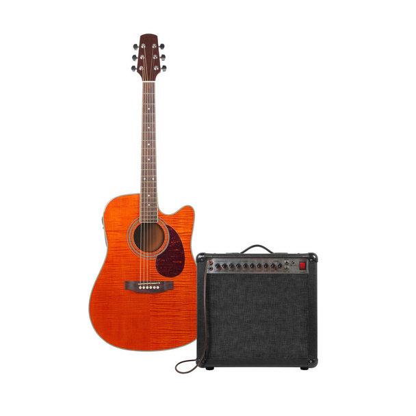 Music and sound - Orange acoustic guitar, amplifier and cable fr - Photo, Image