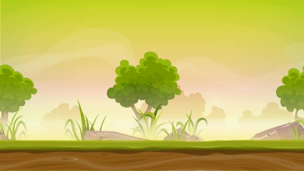 Animation de paysage forestier sans couture pour jeu Ui / Animation d'un fond de forêt vert sans couture de dessin animé avec effet de mouvement parallaxe, herbe, rochers et arbres pour jeu ui
 - Séquence, vidéo