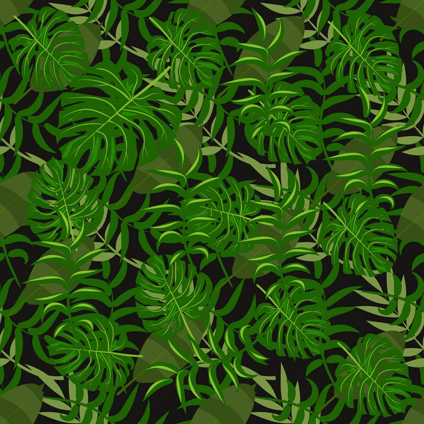 Tropische patroon palm zomer groene palm laat zwarte achtergrond. - Vector, afbeelding
