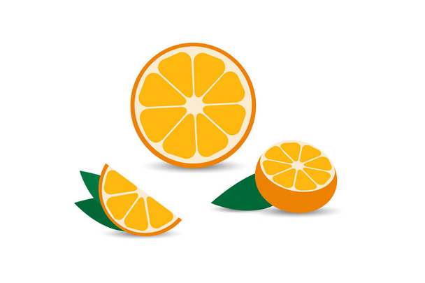 Набор апельсина в плоском дизайне с тенью. Оранжевый ломтик, наполовину оранжевый и вид спереди на спелый оранжевый. Векторная иллюстрация
 - Вектор,изображение