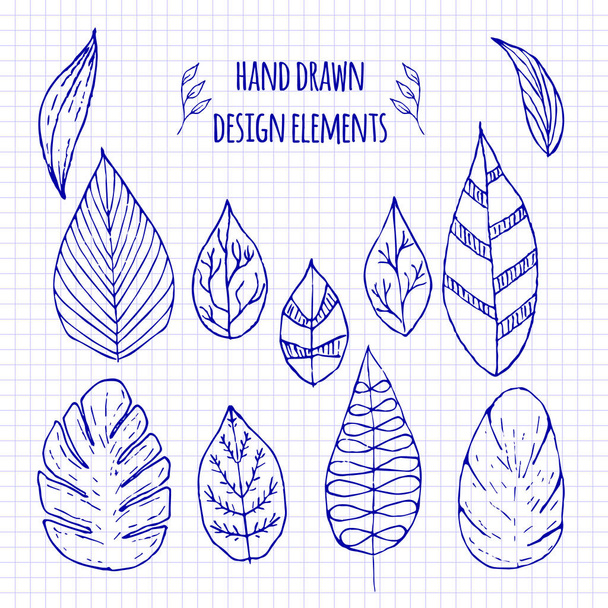 Set of hand-drawn doodle elements and seamless borders. Sketch style illustration with flowers and leaves. Rustic decorative line borders, tribal decorative elements. For patterns, scrapbooking - Διάνυσμα, εικόνα