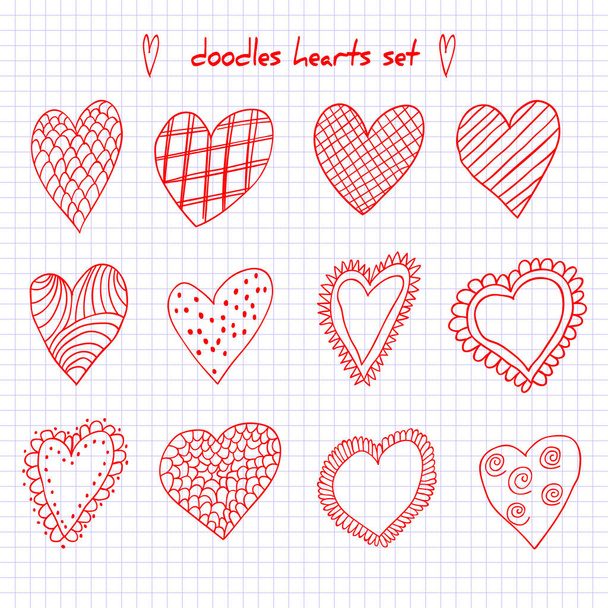 Set hand getrokken schets doodle hartjes op het geblokte notebook blad. Vectorillustratie voor voor Valentijnsdag ontwerp - Vector, afbeelding
