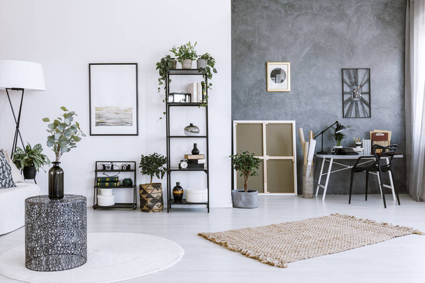 Modern office space interior with plants, metal table, beige rug and grey wall - Фото, изображение