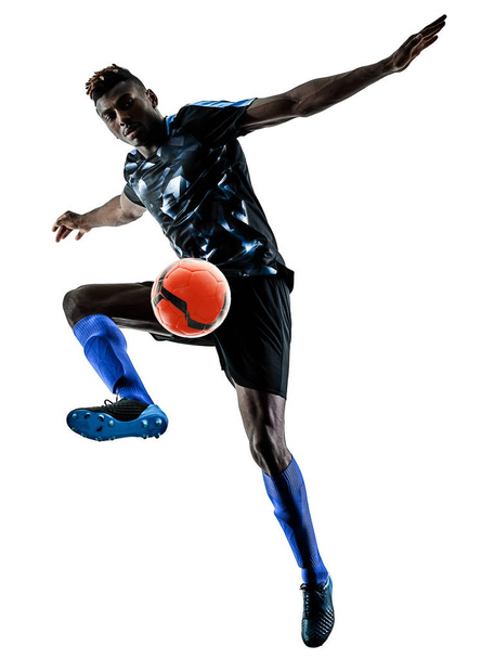 bir Afrika Futbol oyuncu izole adam beyaz arka plan silhouet - Fotoğraf, Görsel