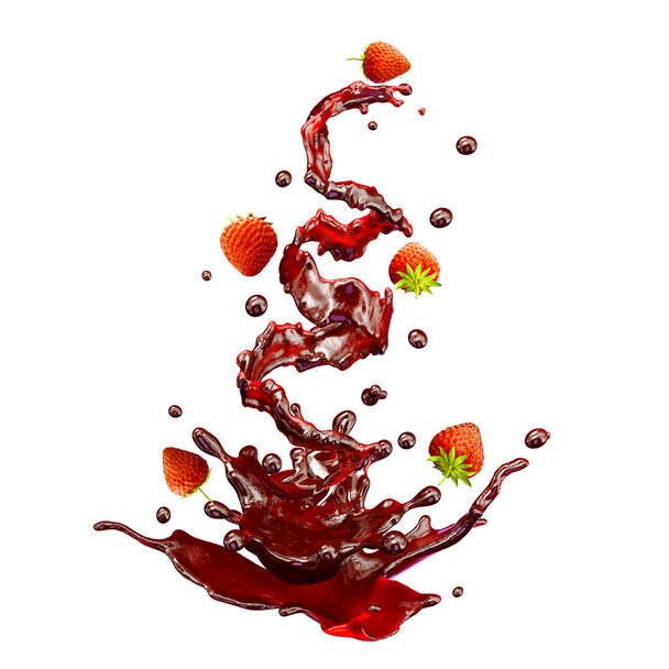 juice splashes with strawberries, droplets isolated. 3D illustration - Φωτογραφία, εικόνα