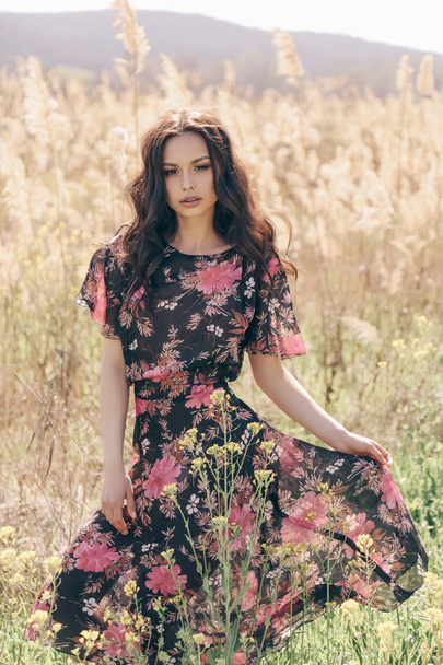 fashion outdoor photo of beautiful woman with dark hair in elegant clothes posing in spring field with reeds - Photo, image