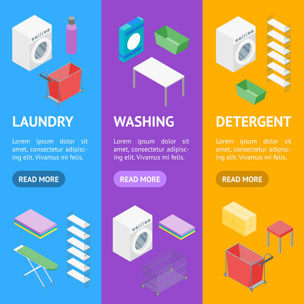 Laundry Room Concept Interior with Furniture Banner Vecrtical Set Isometric View. Vector - Вектор,изображение