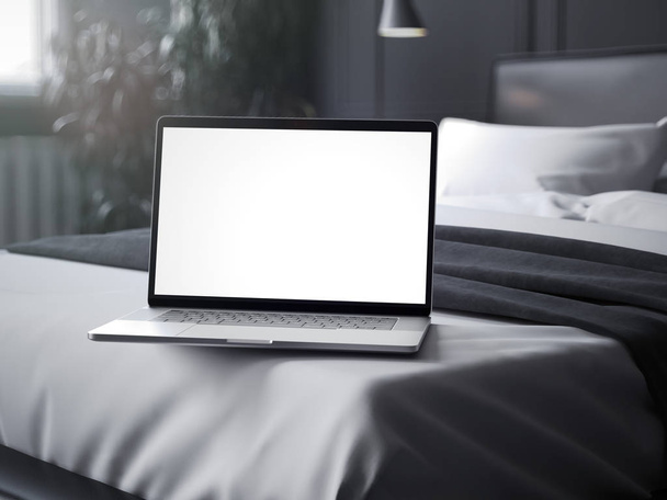 Realistic laptop stands on a dark bed with white linens, 3d rendering - Фото, изображение