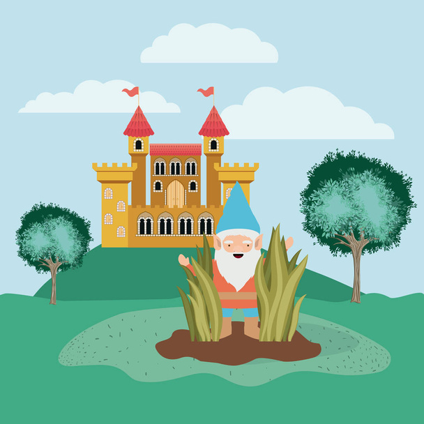 gnome in the camp with castle - Vector, Image