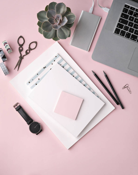 Workspace in pink tones for blogger. - Photo, Image