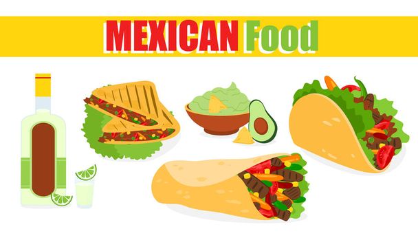 Vectorillustratie van traditionele Mexicaanse gerechten, etiket op witte achtergrond. Mexicaanse etnische cuisine, taco's, guacamole, sambuca, menu designelementen in vlakke stijl. - Vector, afbeelding
