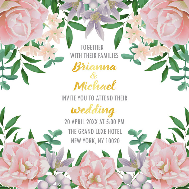 Προσκλητήριο γάμου με λουλούδια και την πρασινάδα - Διάνυσμα, εικόνα