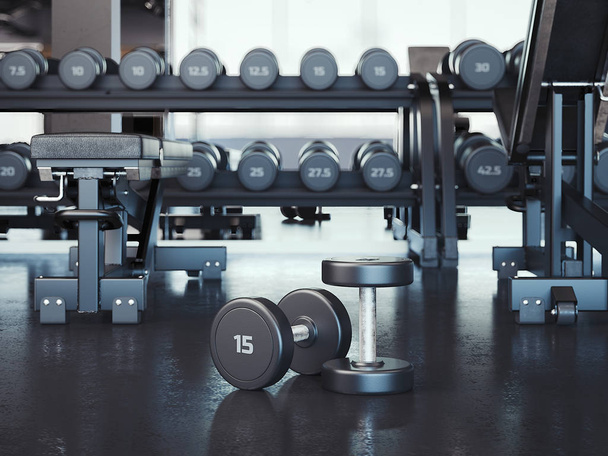 Gym with white walls and dark floor, 3d rendering - Photo, image