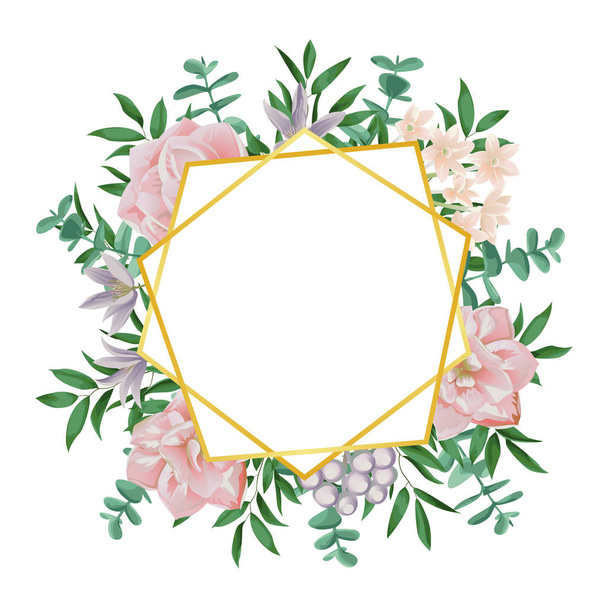 Template with Gold Geometric Frame and Pink Flowers - Vektor, Bild