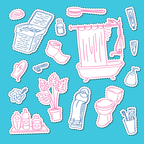 Vector sticker set with hand drawn doodle bathroom elements isolated on plane background - Vektori, kuva