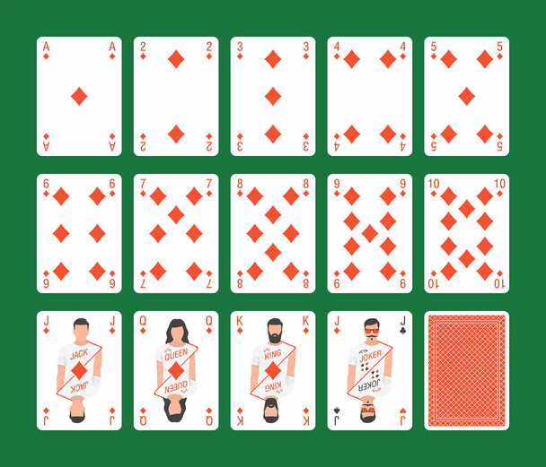 Playing cards of Diamonds suit and back on green background - Vector, Image