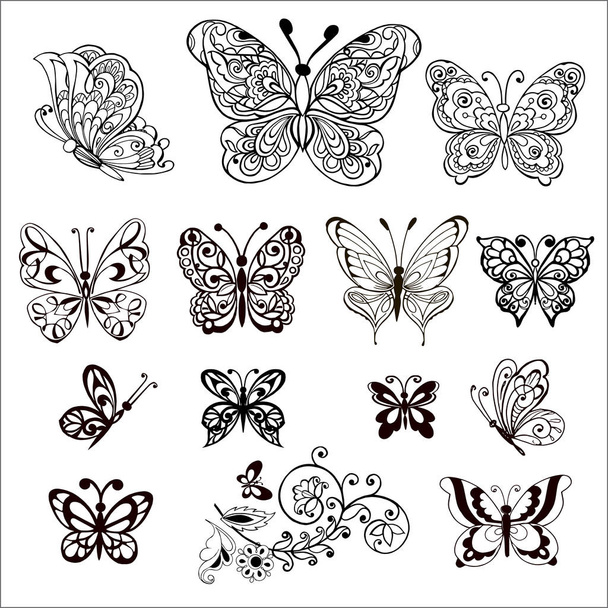 Ручной рисунок цветов и бабочек для антистрессовой раскраски страницы. Большой набор векторных декоративных бабочек
. - Вектор,изображение