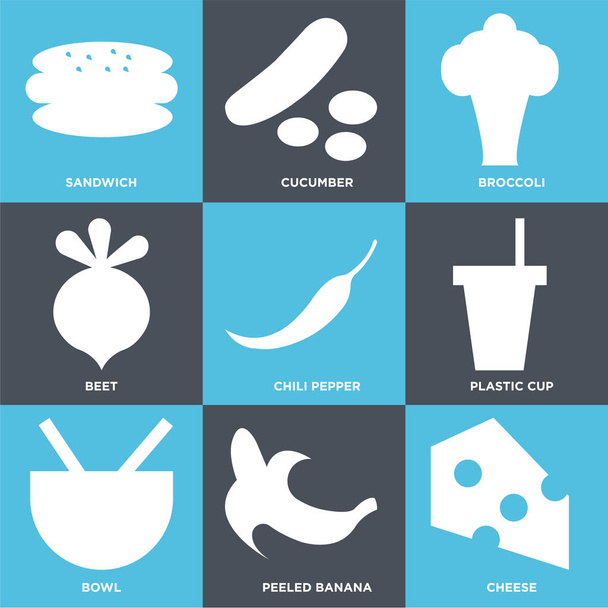 Set Of 9 simple editable icons such as cheese, peeled banana, bowl, plastic cup, chili pepper, beet, broccoli, cucumber, sandwich, can be used for mobile, web UI - Vector, Image
