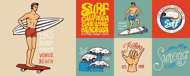 Surf badge és a hullám, a pálmafa és a óceán. trópusokon és Kaliforniában. az ember a szörf, a nyár a strand és a tenger. vésett embléma kézzel rajzolt. Transzparensek és plakátok. Sport, Hawaii. - Vektor, kép