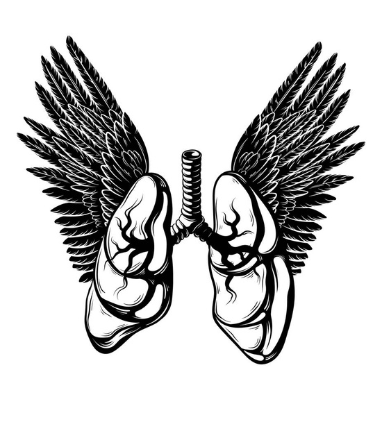 Vector hand drawn  realistic illustration of lungs with wings isolated. Tattoo artwork. Template for card, poster, banner, print for t-shirt, pin, badge, patch.  - Vektori, kuva