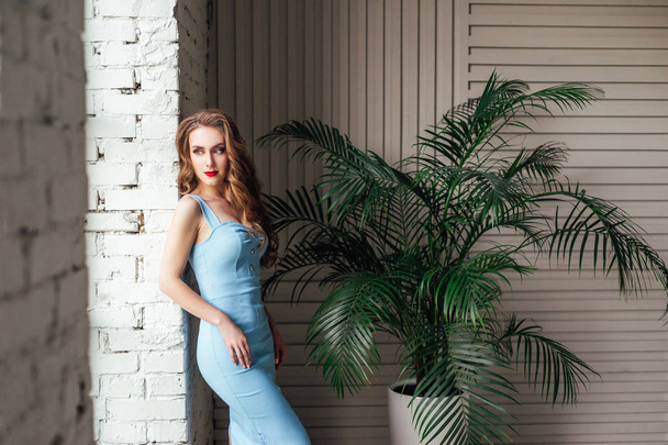 bela jovem posando em estúdio vestindo vestido azul
  - Foto, Imagem