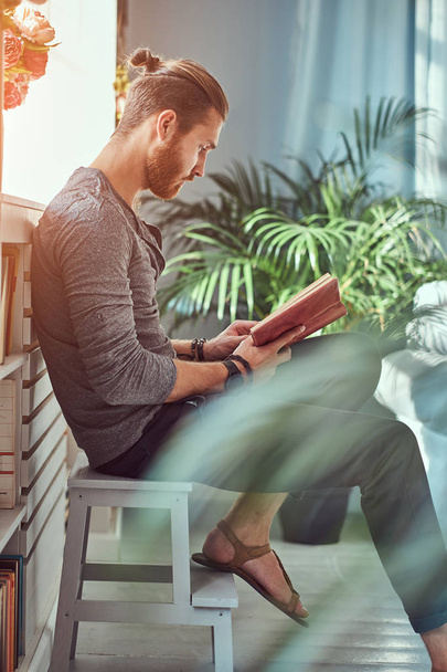 Étudiant rousse élégant en vêtements décontractés, assis sur une chaise à la maison tout en lisant un livre
. - Photo, image