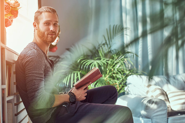 Guapo estudiante pelirroja con estilo en ropa casual, sentado en una silla en una casa y sostiene un libro, mirando a una cámara
. - Foto, imagen