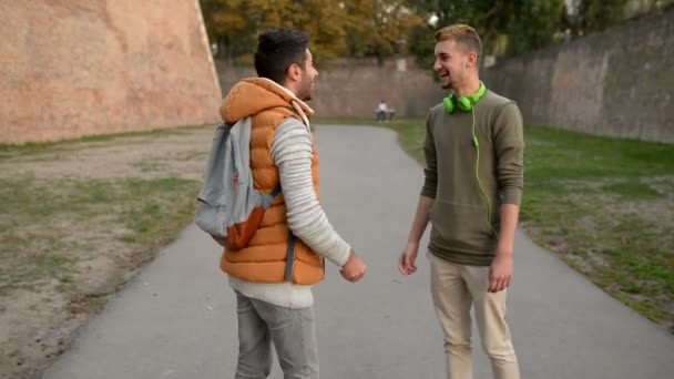 Dos jóvenes guapos estrechándose la mano después de verse después de mucho tiempo - Metraje, vídeo