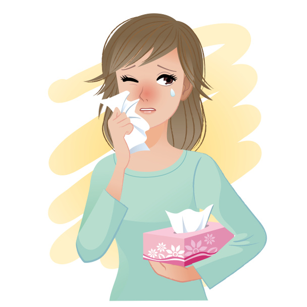 Watery eyed woman holding facial tissue box - Vector, Image