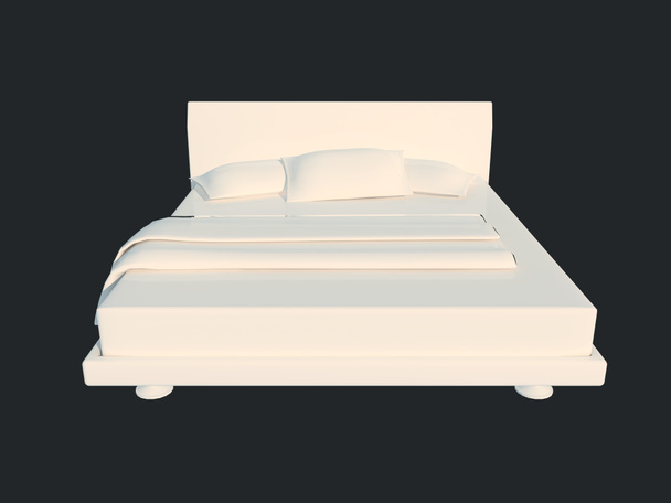 3D-weergave van een witte bed geïsoleerd op een zwarte donkere achtergrond - Foto, afbeelding