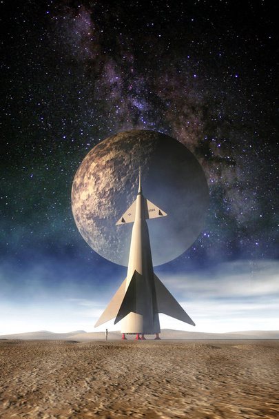 Nave espacial rocketship em um planeta alienígena retro 3D renderizar ficção científica ilustração
 - Foto, Imagem
