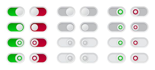 Ein-und Aus-Schalter gesetzt. rotes und grünes Knebelsymbol für UI-Design. - Vektor, Bild