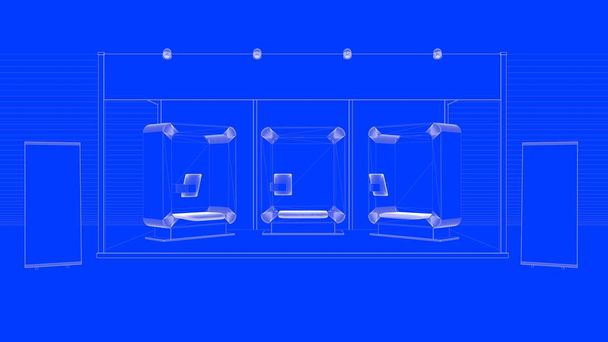 3D-weergave van een beklede blauwdruk Tentoonstellingsontwerp met cabines - Foto, afbeelding