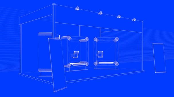3D-weergave van een beklede blauwdruk Tentoonstellingsontwerp met cabines - Foto, afbeelding
