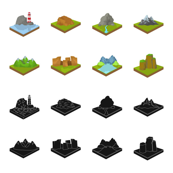 Mountains, rocks and landscape. Relief and mountains set collection icons in black,cartoon style isometric vector symbol stock illustration web. - Vektor, Bild