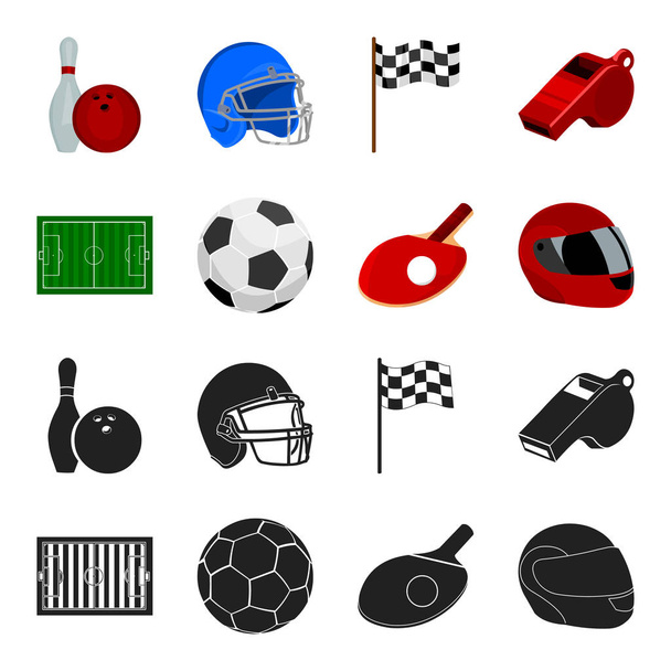Field, stadium with markings for playing football, football ball, racket with a ball for ping-pong, protective helmet for the game,glove for baseball or rugby. Sport set collection icons in black - Vector, Image